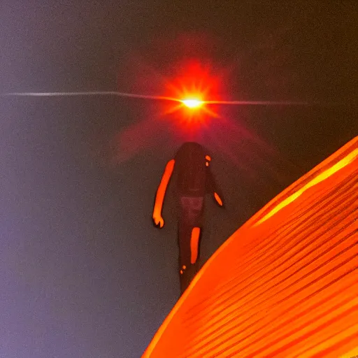 Image similar to photo of a giant orange colored glowing humanoid of one thousand feet of height