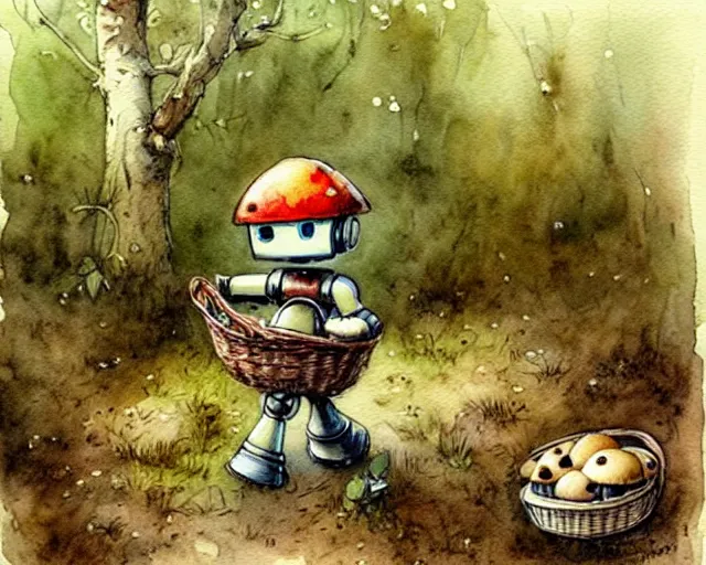 Image similar to a cute little robot walking in the forest picking mushrooms, holding a basket full of mushrooms, watercolor painting by jean - baptiste monge, muted colors