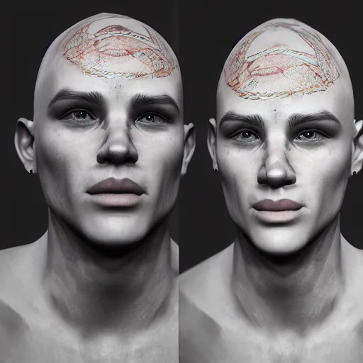 Image similar to detailed unreal engine 5 render of a blonde boy with face tattoos