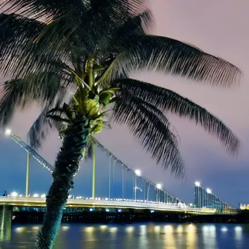 Prompt: blue hour, mostly cloudy sky, palm trees, bridge, curved bridge, dusk, 2 4 0 p footage, 2 0 0 6 youtube video, 2 0 0 6 photograph, low quality photo, home video