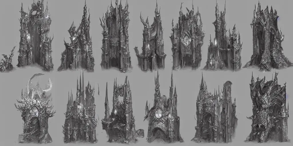 Image similar to a set of fantasy architectural concepts, drawn by yoshitaka aman, world of warcraft, dungeons and dragons, concept art, sketch.