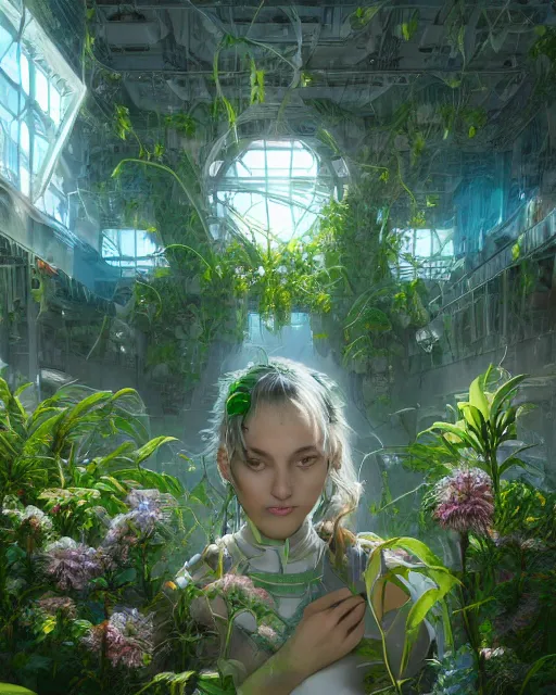 Prompt: beautiful solarpunk girl, scifi, futuristic, bright light, highly detailed, concept art, green plants, school, white building, flowers, utopia, sharp focus, trending on artstation, intricate, atmosphere, sunny, art by roman makarenko, dzung phung dinh