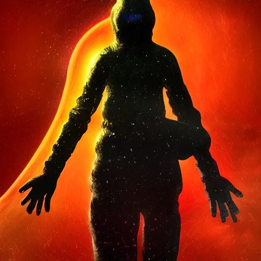 Prompt: award - winning. trending on artstation. 4 k. eerie tone. a figure wearing layered yellow robes standing in front of a black hole in space. dark background. in the style of cedric peyravernay. full - body