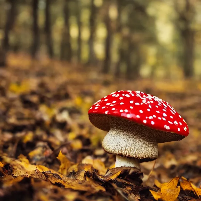 Prompt: an amanita muscaria mushroom in a woodland, leaves, autumn, warm colors, photography, 4 k, bokeh