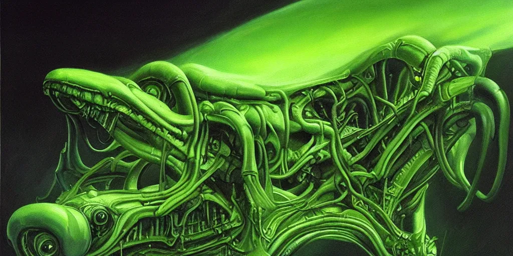 Image similar to a painting of a alien creature with a green background, an ultrafine detailed painting by h. r. giger, artstation, space art, reimagined by industrial light and magic, # vfxfriday, cosmic horror