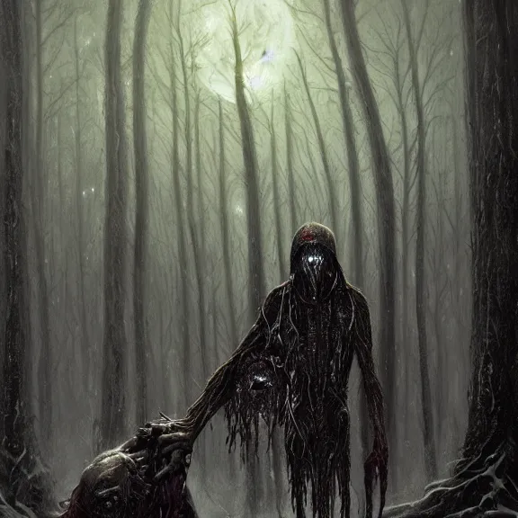 Image similar to cloaked humanoid wendigo feasting, nighttime located in a snowy dark forest, lurking horror, distant shot, dungeons and dragons, magic the gathering, forboding, high detail, oil painting, style of seb mckinnon