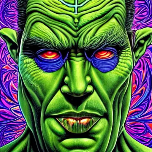 Image similar to the incredible hulk becomes a fractal, painted by alex grey. psychedelic visionary art