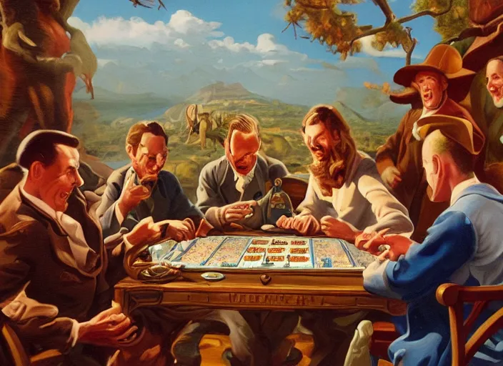 Prompt: a group of people playing a board game with the devil, an ultrafine detailed painting by john philip falter, shutterstock, american scene painting, movie still, american propaganda, storybook illustration