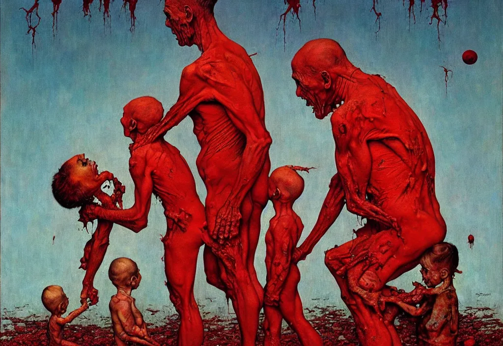 Prompt: A Norman Rockwell painting of a family losing their grip on reality, horror, blood red, cosmic horror, by Zdzisław Beksiński and Norman Rockwell, cinematic, 8k