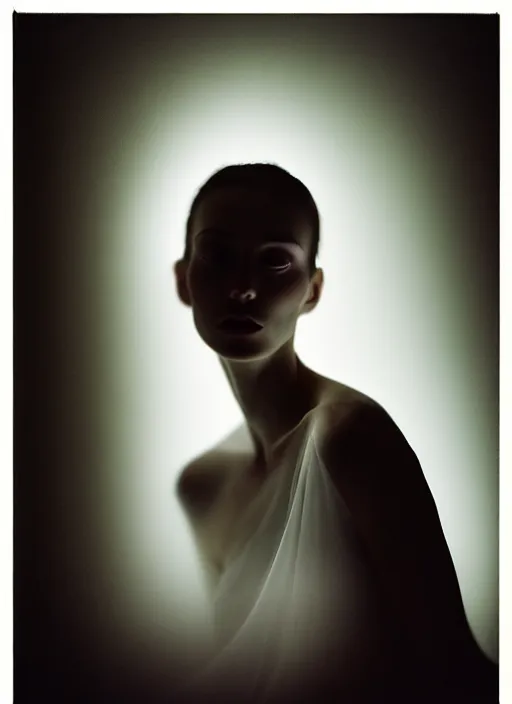 Image similar to kodak portra 4 0 0 photo portrait of a beautiful woman in style of paolo roversi antoine d'agata, lightpainting motion blur, dress in white, elegant, soft coloured gel lighting black background, highly detailed, sharp focus, ethereal, out worldly colours, emotionally evoking, head in focus, soft blur coloured gel light dreamy, volumetric lighting