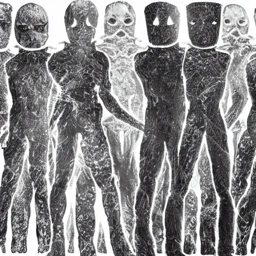 Prompt: a group of faceless shadowy creatures building the universe