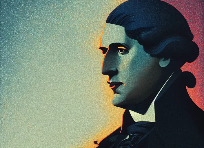 Image similar to portrait of a george washington, colorful, modern art deco, mads berg, karolis strautniekas, christopher balaskas, stippled light, fog, moody, fine texture, editorial illustration, dramatic lighting, dynamic composition, detailed, matte print, dynamic perspective, muted color