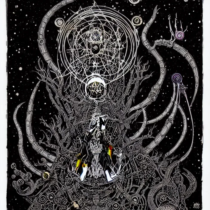 Image similar to black paper + tarot card + eldritch god, vintage detailed sci - fi illustration designed by marc simonetti and mike mignola + psychedelic black light style + intricate ink illustration + symmetry + bloodborne