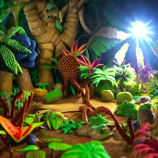 Image similar to A claymation scene of highly detailed hyper real Jungle, vines, trees, birds, flowers, dappled light, lens flare, “Stegosaurus made of plasticine”