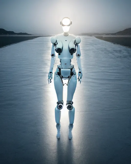 Image similar to beautiful centered fine art photo portrait of hoyeon jung as a solarpunk robotic humanoid, white mechanical parts with bright halogen lights, walking into water, ultra - realistic and detailed, white background, sunset lighting, soft focus, slow exposure hdr 8 k