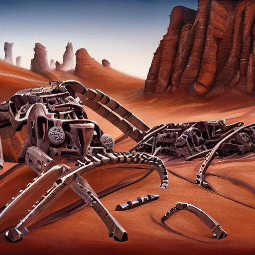 Image similar to painting of different buried biomechanical robots in the desert, oasis, 4 k. cinematic. epic.