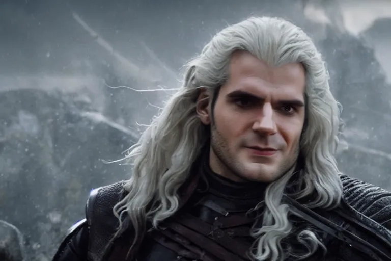 Image similar to vfx movie suave handsome grinning vampire with long white hair, trench coat, dual wielding large revolvers, leaping into the air, low gravity in a shattered reality of new york city, henry cavill witcher devil may cry, game of thrones, by emmanuel lubezki