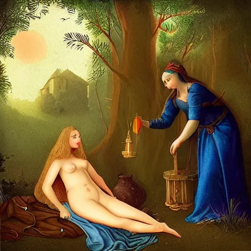 Image similar to “ sensual medieval nurse treating young goddess in a magical forest, artwork, fantasy ”