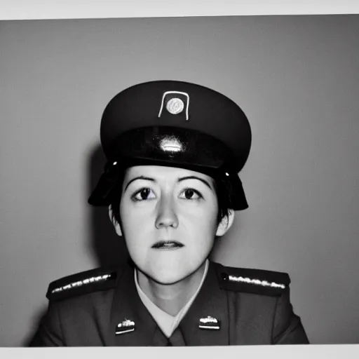 Prompt: Tracey Thorn as a North Korean officer, full body shot, 35mm film