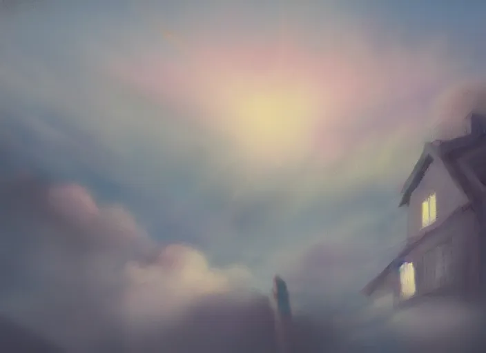 Prompt: placid pastel morning cute cluttered painterly fluffy tiny cramped dusty attic, slanted roof, tiny space, particulate, trending on pixiv