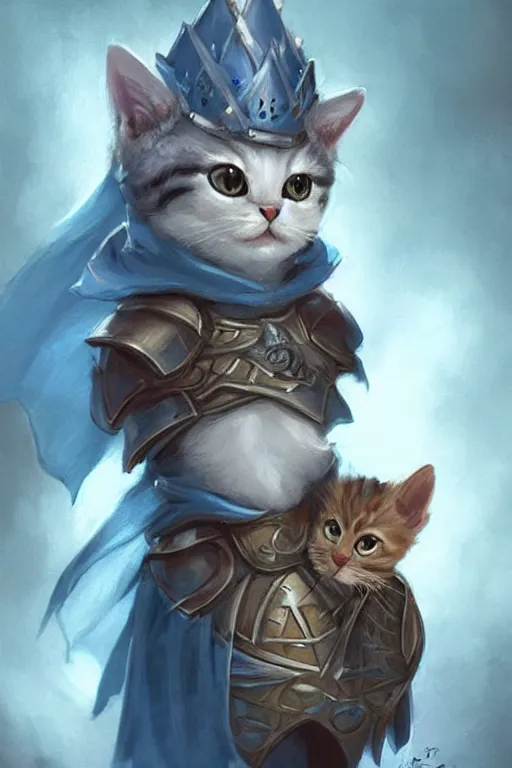 Image similar to cute little anthropomorphic cat knight wearing a cape and a crown, tiny, small, miniature cat , baby animal, short, pale blue armor, cute and adorable, pretty, beautiful, DnD character art portrait, matte fantasy painting, DeviantArt Artstation, by Jason Felix by Steve Argyle by Tyler Jacobson by Peter Mohrbacher, cinematic lighting