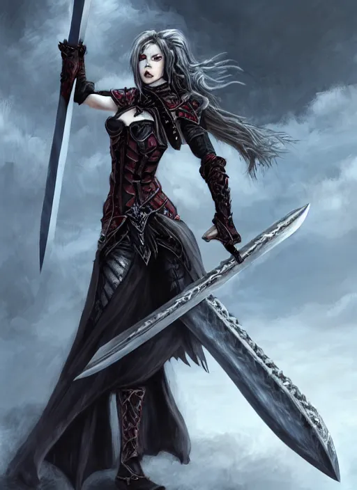 Prompt: female vampire warrior wields a large greatsword with both hands, full portrait, lean and muscular, flying, barefoot, exposed toes, black heavy armor, historical armor, metal mask, enchanting, elegant, in the style of ghostblade, wlop, modern fantasy, realistic proportions.