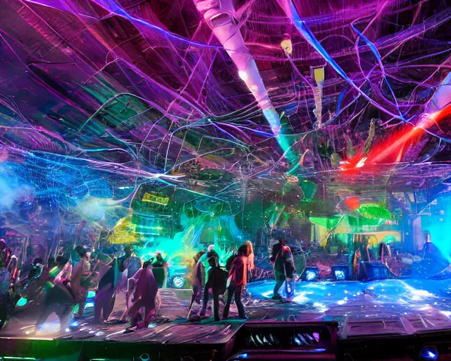 Image similar to Jumping Quetzalcoatl smashing computers, group of people on stage playing instruments, elaborate stage effects, dust, smoke, giant LED screens, colored projections, ultrafine detail, cybersuit, glowing thin wires, smoke, high contrast, projections, holography, volumetric lighting, cinematography by Jim Jarmusch