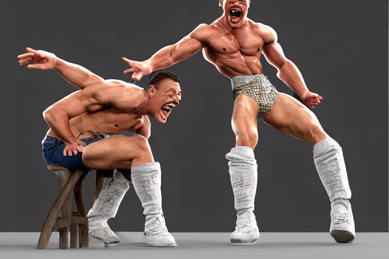 Prompt: hyperrealistic 1992 Jean Claude Vandamme doing the splits, laughing hysterically, doing the spilts with his legs going pointing two separate directions, between two chairs over a toilet, golden hour, smiling, award winning, 8k, trending on artstation