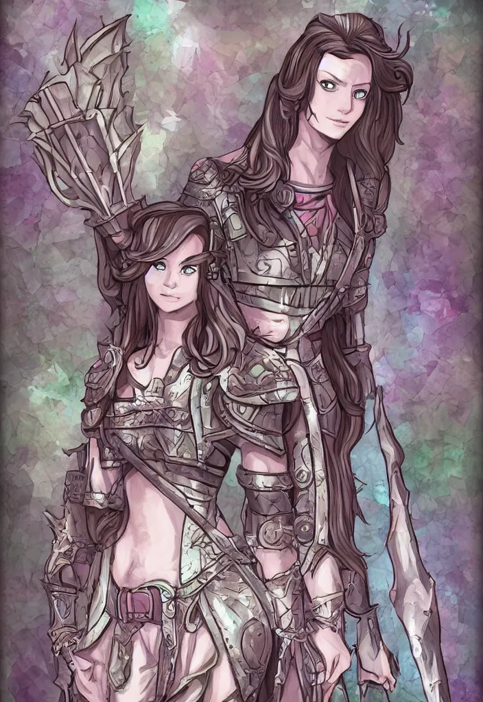 Prompt: fey wearing cuirass, epic landscape background, stained glass armor, cell shading ambient occlusion, isometric character sheet, long hair, pastel pallette, detailed eyes