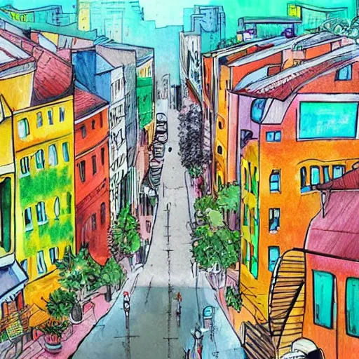 Image similar to a world enriched by health, cities flourishing, nature befriended and grow over buildings, high quality sketch art, optimistic, hopeful, colorful