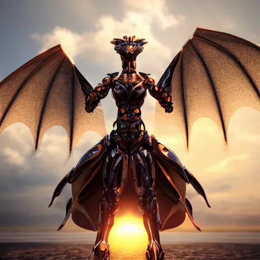 Image similar to a highly detailed beautiful majestic anthropomorphic robot female dragon, with smooth and streamlined mechanical armor, standing and posing elegantly on a beach, well detailed head with LED eyes, with sharp claws on her hands and feet, two arms, two legs, long tail, artstation, DeviantArt, professional, octane render, sunset lighting