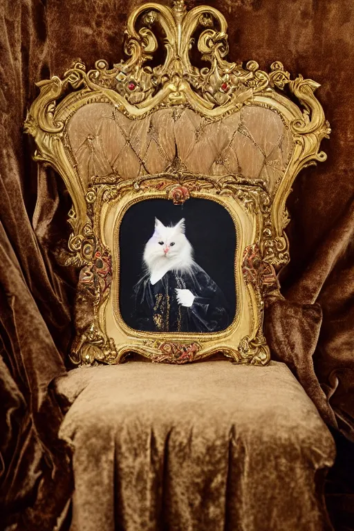 Image similar to tintype photography, portrait of a royal cat in his royal robes, outrageously fluffy, on an embroidered velvet cushion on a neo - rococo gilded little bed, by david lachapelle, photorealistic, photography, wide shot