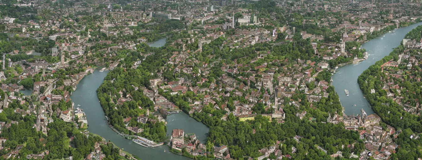 Image similar to Photo of Zurich, looking down the river at the lake and the alps, Hardturm, Grossmünster, wide angle, trees, volumetric light, hyperdetailed, green water, artstation, cgsociety, 8k