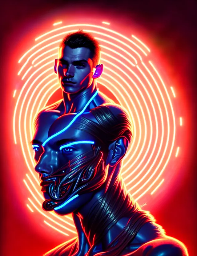 Image similar to portrait of male humanoid, intricate, perfect anatomy, neon lighting, highly detailed, digital photography, artstation, stylish pose, concept art, smooth, sharp focus, illustration, art by artgerm and greg rutkowski