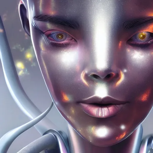 Image similar to closeup of sweating robot cyborg forehead, big drops of sweat, forehead only, by Hajime Sorayama, airbrush art, symmetric face, beautiful face, highly realistic, star flares, trending on artstation, beautiful lighting, sharp, details, hyper-detailed, HD, HDR, 4K, 8K