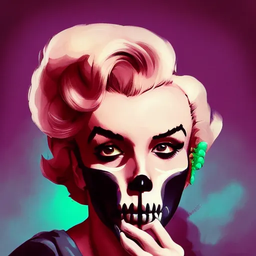 Prompt: a portrait of a girl skull face, marilyn monroe in the style of artgerm, charlie bowater, atey ghailan and mike mignola, vibrant colors and hard shadows and strong rim light, plain background, comic cover art, trending on artstation