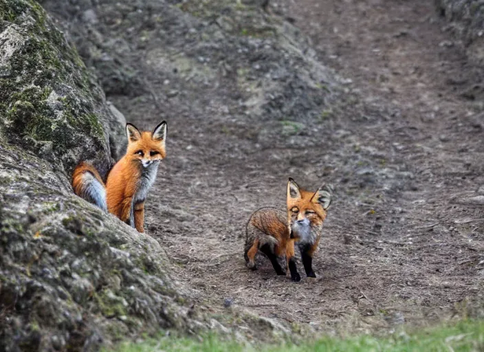 Prompt: a cat and a fox in a quarry 5 0 mm