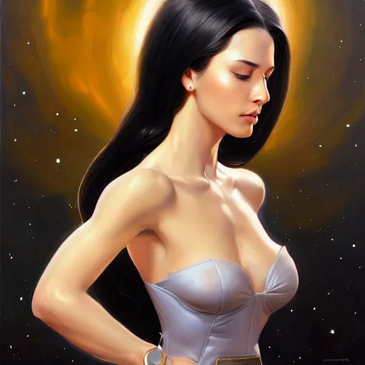 Image similar to a portrait of a very beautiful woman in a spacesuit, Alexandria\'s genesis, shoulder-length black hair, bored, illustration, soft lighting, soft details, painting oil on canvas by mark arian by artgerm, trending on artstation, 4k, 8k, HD