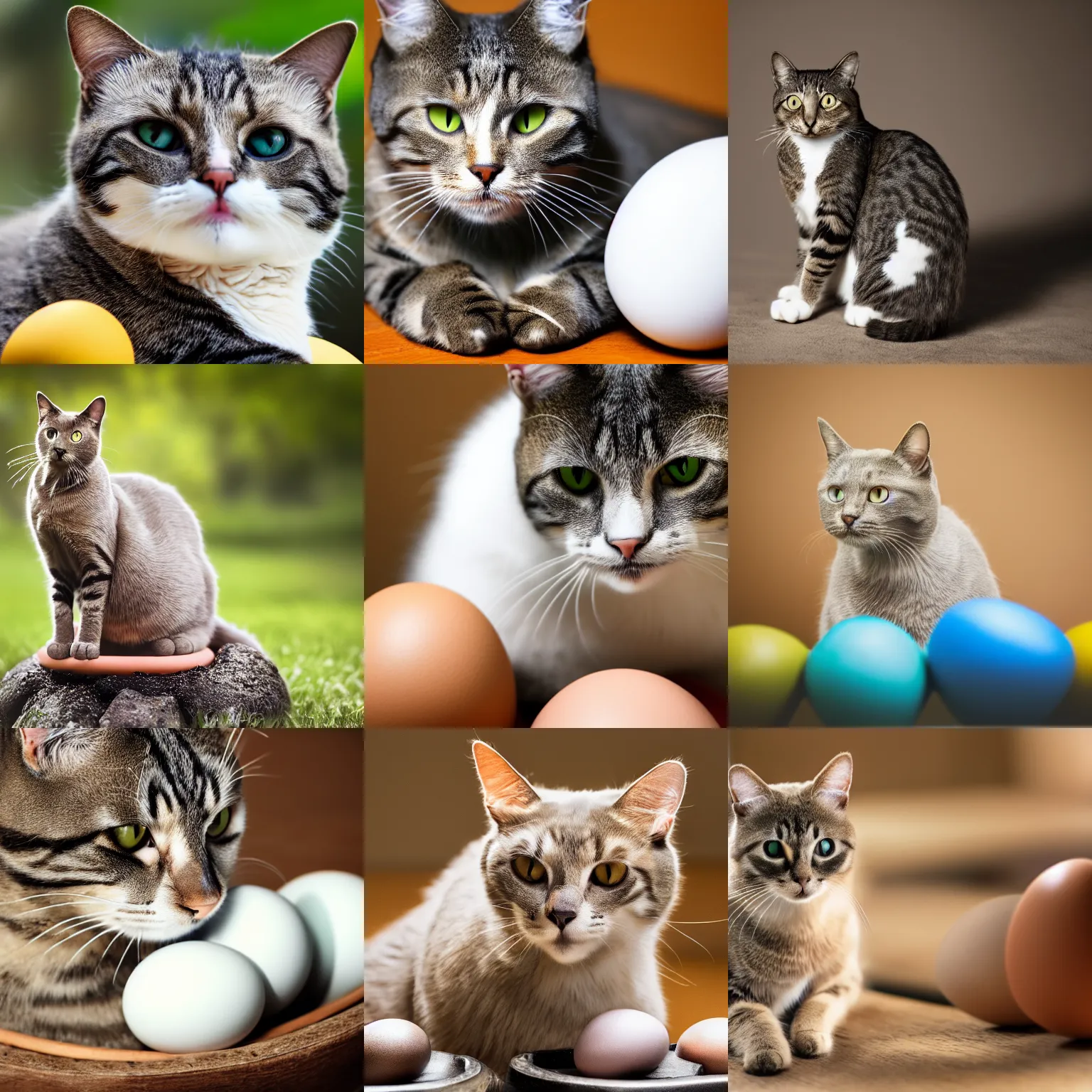 Prompt: A photo of a cat sitting on 3 eggs, photography, realistic, 4k, sharp focus