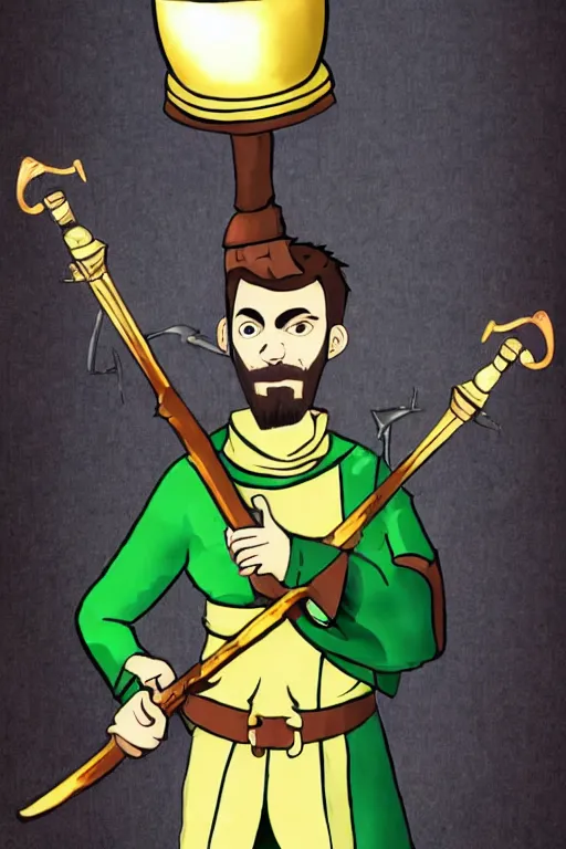 Prompt: Jacksepticeye is a holy crusader wielding a giant golden bell on a stick as his weapon
