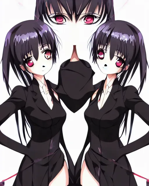 Image similar to anime woman, black dress, rooftop party, symmetrical faces and eyes symmetrical body, middle shot waist up, airplane hanger background, Madhouse anime studios, Black Lagoon, Wit studio anime, romantic lighting, 2D animation