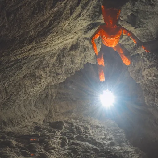 Image similar to photo of a giant orange colored glowing transparent humanoid of one thousand feet of height standing next to a building inside a cave