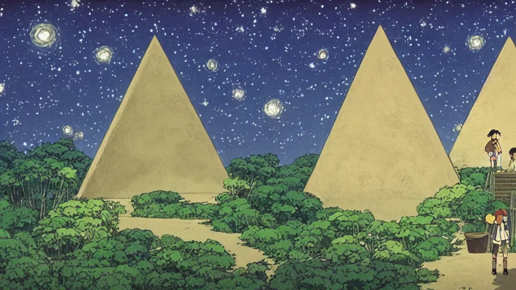 Image similar to a movie still from a studio ghibli film showing a pyramid as a mine runoff storage facility in the rainforest on a misty and starry night. by studio ghibli