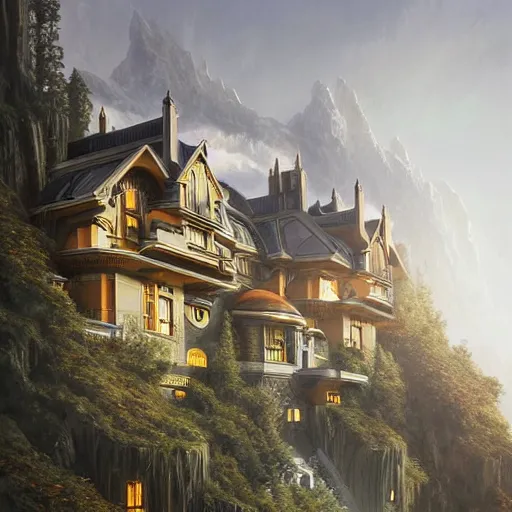 Image similar to Ultra realistic illustration of Futuristic Modern Mansion in the mountains , sci-fi, fantasy, intricate, elegant, highly detailed, digital painting, artstation, concept art, smooth, sharp focus, illustration, dramatic lighting, art by artgerm and greg rutkowski and alphonse mucha