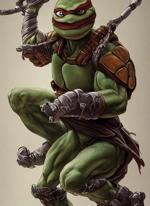 Image similar to elegant renaissance concept art of a male young muscular teenage mutant ninja turtle 1 9 9 0 film, full figure dynamic fighting pose, fantasy, intricate, highly detailed, digital painting, artstation, smooth, sharp focus, illustration, art by artgerm and greg rutkowski and alphonse mucha