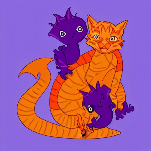 Image similar to cute small purple dragon snuggling orange tabby cat, orange tabby cat hugging tiny purple dragon, realistic