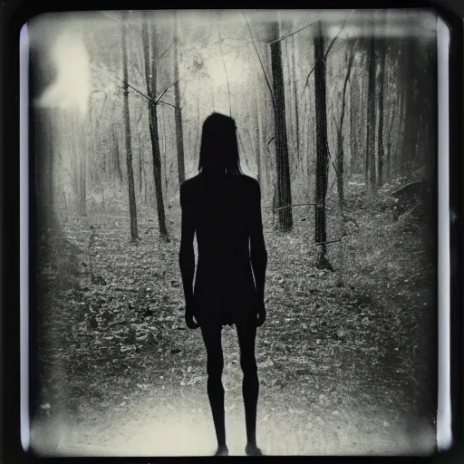 Image similar to tall skinny humanoid creature in a dark forest at night, extremly detailed, black and white polaroid, 8 k, sharp focus