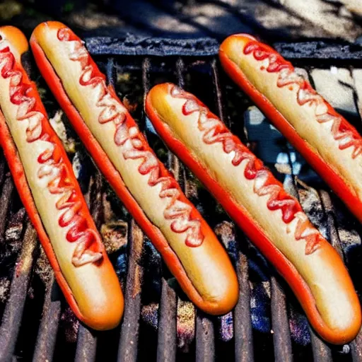 Image similar to hot dogs on a grill, with the ends of the hot dogs having the face of pepe the frog