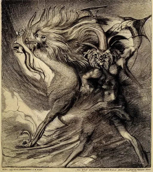 Image similar to a creature with the body and eyes of a man, with the beak of an eagle, the mane of a lion, and the horns of an ox. drawn by francis bacon