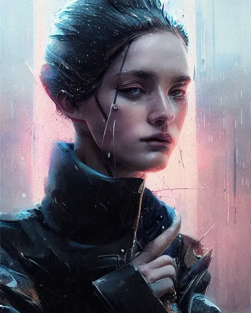 Image similar to detailed portrait of European Pretty Young Girl Storm Rain movie Jacket coat, Futuristic sci-fi fashion, royal attire by ismail inceoglu dragan bibin hans thoma greg rutkowski Alexandros Pyromallis Nekro Rene Margitte illustrated Perfect face, sharp chine, fine details, realistic shaded, fine-face, pretty face cyberpunk, neotokyo, synthwave, aesthetics, futuristic, low-emission-neon, bladerunner movie scene